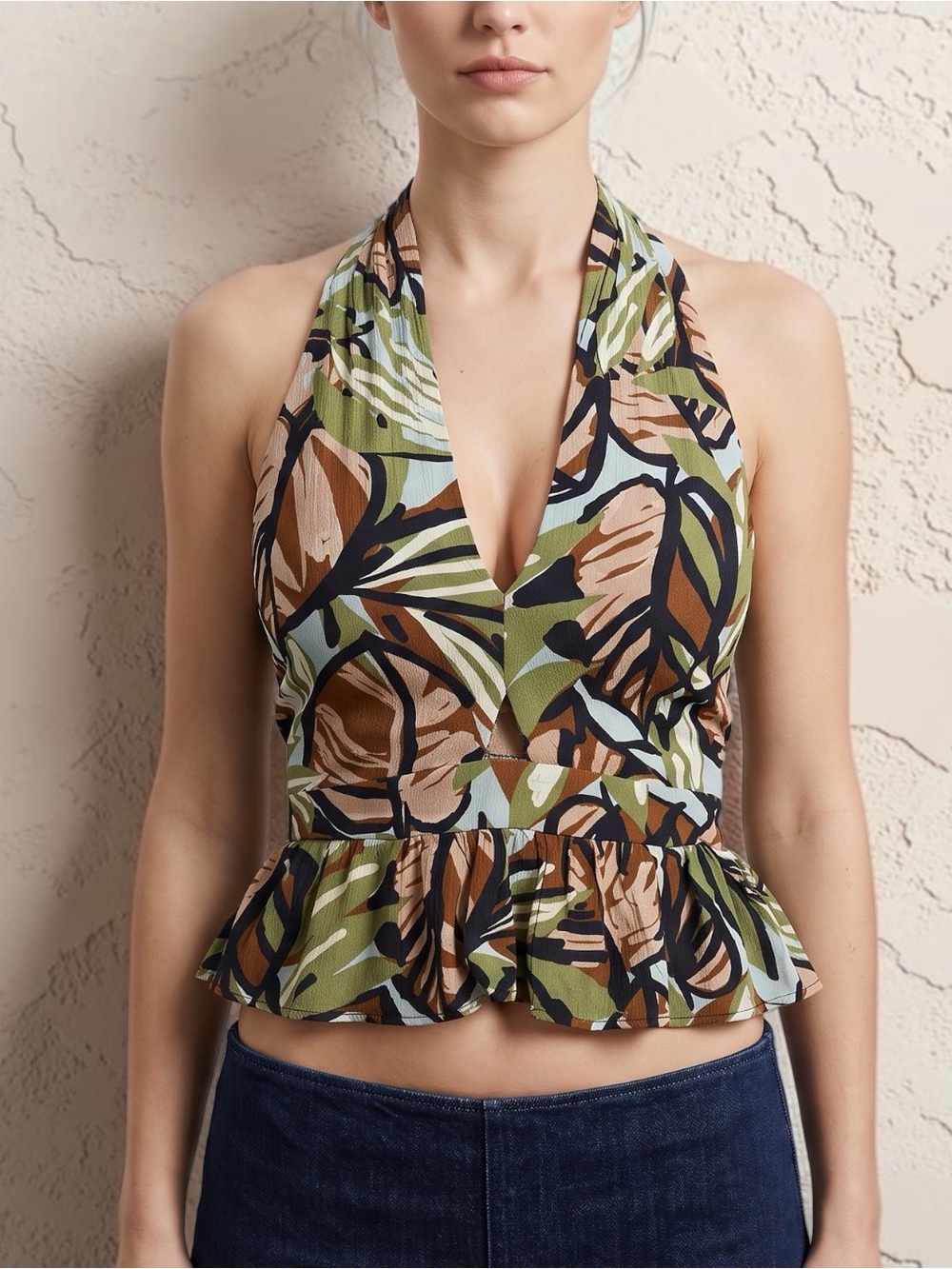 Francesca’s Collections Leaf Print Halter Top Blouse Olive Tan Boho S NWT